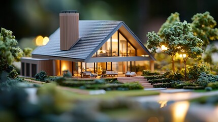 Eco-lifestyle inspired home model with clay chimney, cedar-shingled roof, light brown palette and leafy green atmosphere with daylight bokeh depth