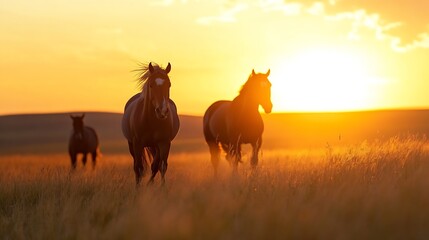 Three horses silhouetted against a vibrant sunset, walking through a golden field of tall grass.  The warm light bathes the scene in a tranquil, idyllic glow. : Generative AI