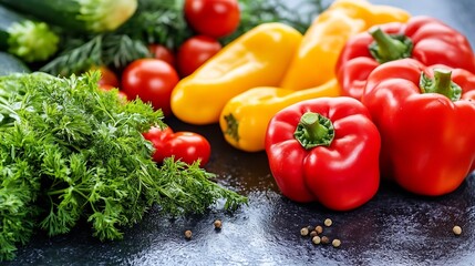 A vibrant still life featuring ripe red and yellow bell peppers, alongside fresh tomatoes and parsley, rests on a dark surface, peppercorns scattered nearby. : Generative AI
