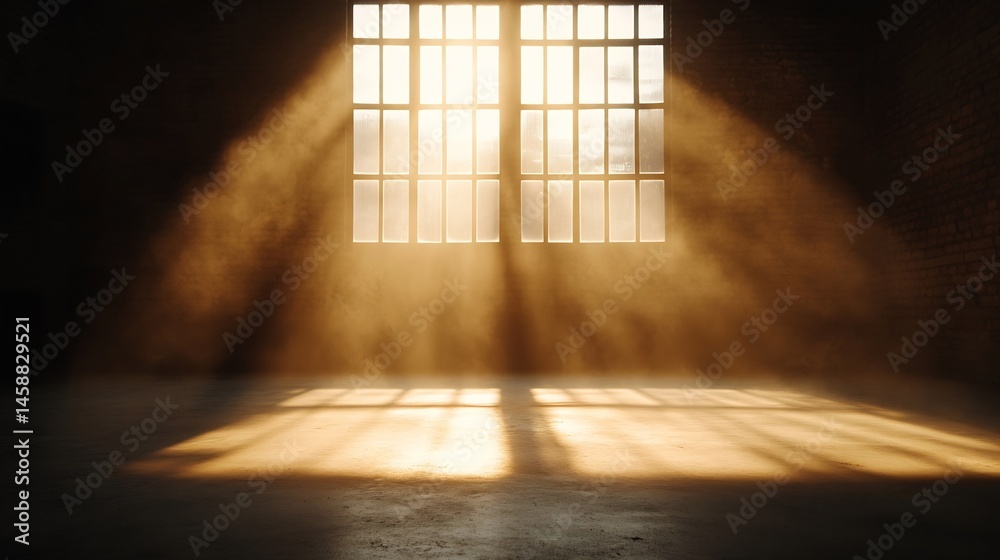 Fototapete sunbeams illuminate a dusty, empty industrial space through a large window, casting long shadows on 