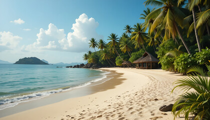 tropical beach with palm trees and blue sky