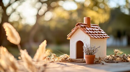 Rustic tiny house structure with layered terracotta tiles and rough-hewn chimney detail, set on natural textured table, highlighted by surrounding fresh grasses and diffused green forest backdrop
