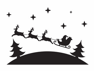 Santa s magical Christmas Eve flight reindeer soaring sleigh bells jingling starry night simple black silhouette festive