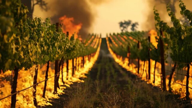 Vineyard rows engulfed in flames with smoke and trees in the background during daytime scene