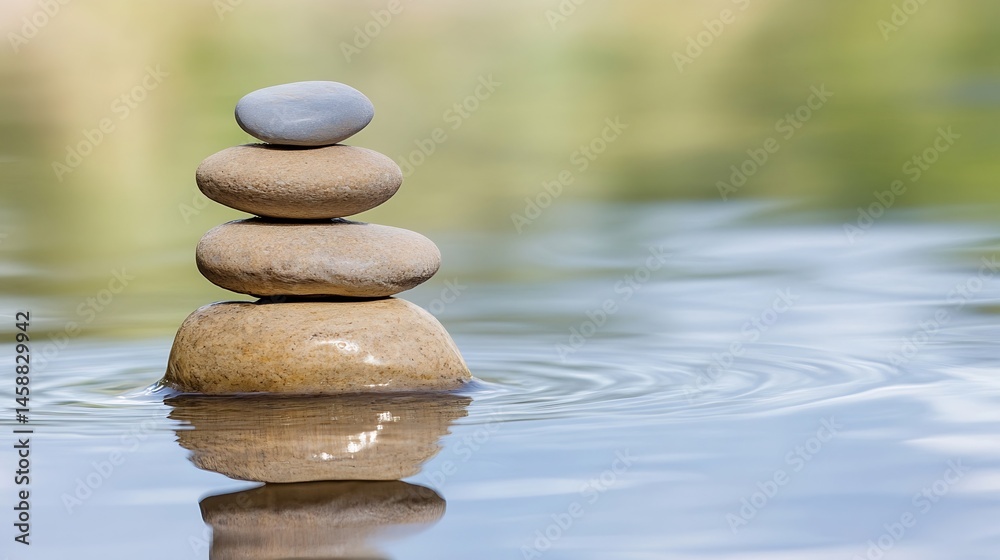 Poster serene stack of stones floating gently on calm water, reflecting tranquility and balance in nature's