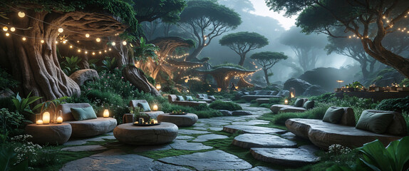 Lush forest relaxation area with stone furniture and magical string lights