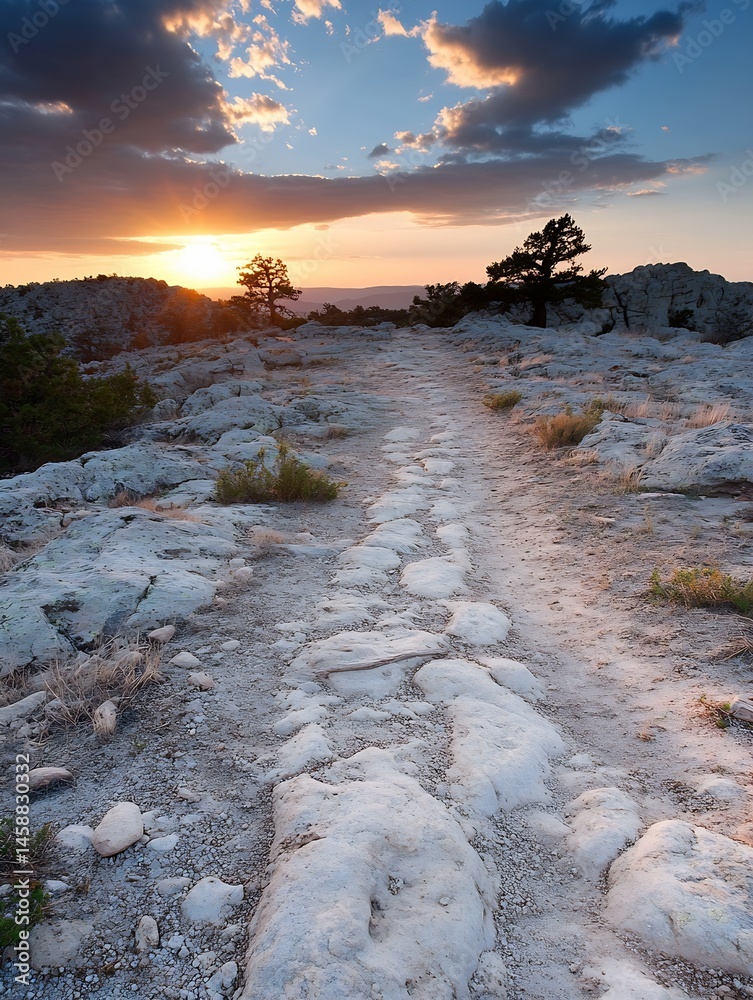 Poster sunset over a rocky path winding through a high desert landscape, silhouetted trees on a ridge, vibr