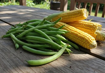 Fresh Green Beans and Sweet Corn on Wooden Table Surrounded by Lush Garden in Natural Light Perfect for Culinary Artwork and Harvest Themes