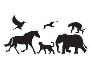 Fototapeta premium Majestic wildlife silhouettes elephant horse panther monkey hummingbird and seagull A captivating collection of black