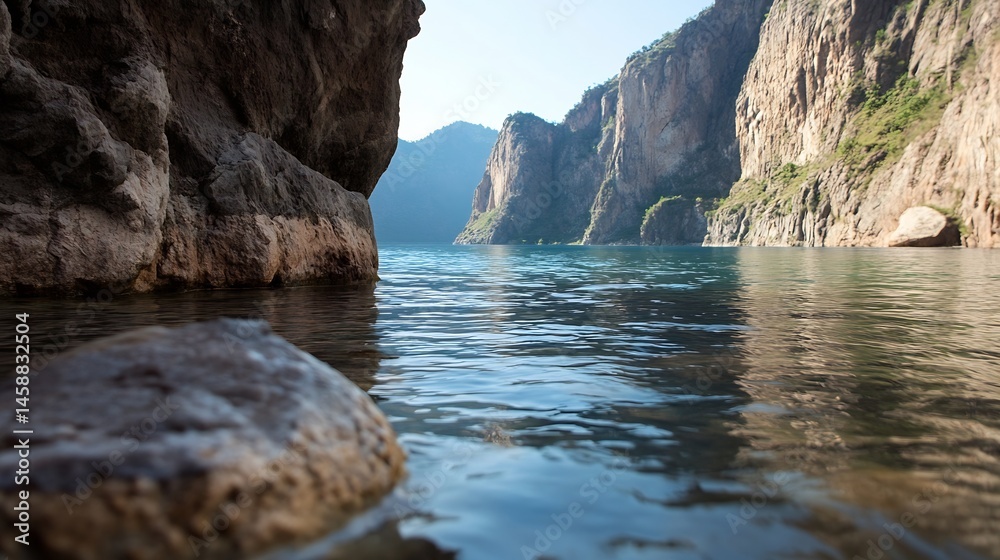 Aufkleber serene mountain lake nestled between towering cliffs, sunlight illuminates the calm water, reflectin