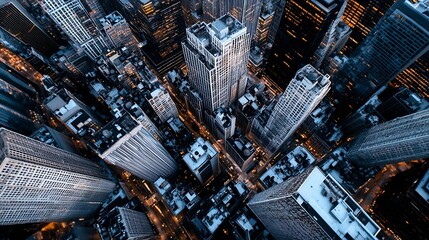 Aerial view of a dense cityscape at twilight, showcasing skyscrapers with illuminated windows and city streets below, creating a vibrant urban texture. : Generative AI