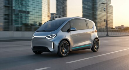 Silver Electric Compact Car on City Street at Sunset