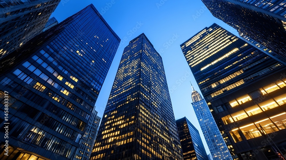 Aufkleber night view of illuminated skyscrapers in a modern city, showcasing architectural details and a dynam