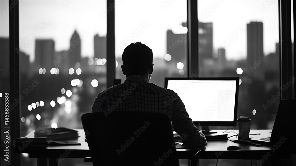 Aufkleber silhouette of a businessman working late at his desk, overlooking a city skyline at dusk. the image 