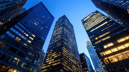 Obraz premium Night view of illuminated skyscrapers in a modern city, showcasing architectural details and a dynamic urban scene at dusk. : Generative AI