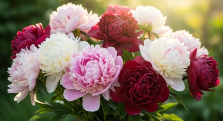 Fototapeta premium Vibrant Pink Red White Peonies Bouquet Closeup