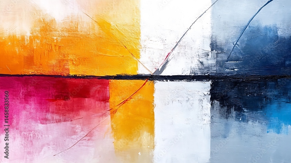 Fototapete abstract painting with bold strokes of orange, crimson, white, and deep blue, creating a dynamic and