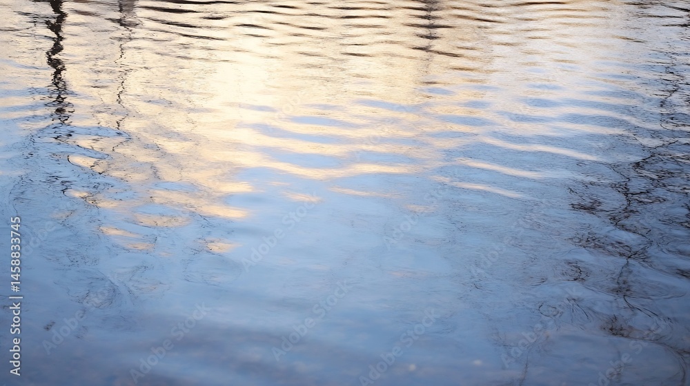 Poster abstract water surface texture: ripples and reflections of trees and sky at sunset, showing soft blu
