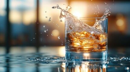 A glass filled with whiskey splashing dramatically under warm light, showcasing a sense of luxury and indulgence in a modern setting.