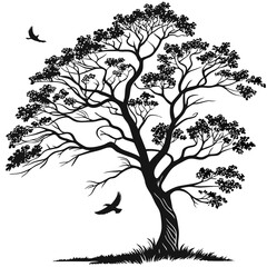Obraz premium Serene Silhouette: A stark silhouette of a grand, majestic tree, its branches reaching towards the heavens with a pair of birds adding a sense of freedom.