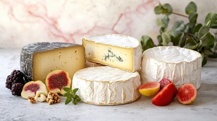 Assorted gourmet cheeses with fruits and nuts on marble surface