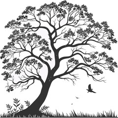 Obraz premium Serene Silhouette: A captivating silhouette of a sprawling tree, its intricate branches reaching towards the sky, birds in graceful flight enhancing the scene's tranquility.