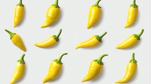 A vibrant arrangement of twelve ripe yellow chili peppers, artfully positioned against a pristine white backdrop.