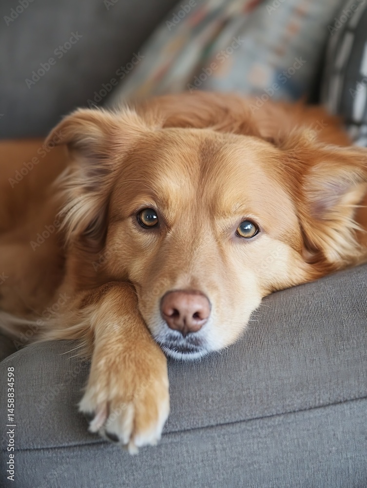 Poster adorable golden retriever dog resting its head and paws on a gray couch, showing calm and peaceful e