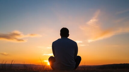 Silhouette of a man sitting on a hill, watching a vibrant sunset with orange and blue hues.  The peaceful scene evokes feelings of tranquility and contemplation. : Generative AI