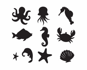 Underwater Silhouette: A collection of diverse aquatic silhouettes, showcasing marine life forms, rendered in stark contrast.