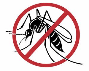 Mosquito prohibition: A red circle with a line through it symbolizes the denial of the mosquito vector, symbolizing safety from disease spreading in graphic illustration.