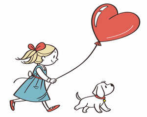 Obraz premium Childhood Love: In this charming illustration, a little girl with a heart-shaped balloon walks joyfully with her puppy, symbolizing pure and innocent affection.