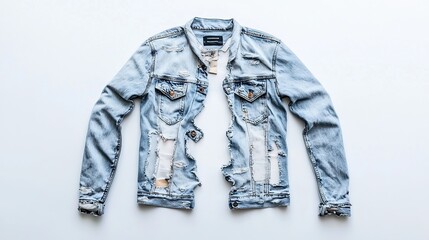 Ripped denim jacket, laid flat, on a plain surface.