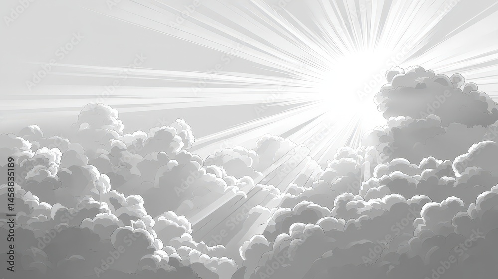 Poster a clean and sharp vector of sun rays breaking through a cloudy sky, each beam highlighted with gradi