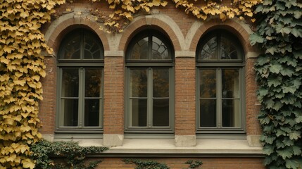 Obraz premium Autumnal Brick Building with Ivy and Arch Windows