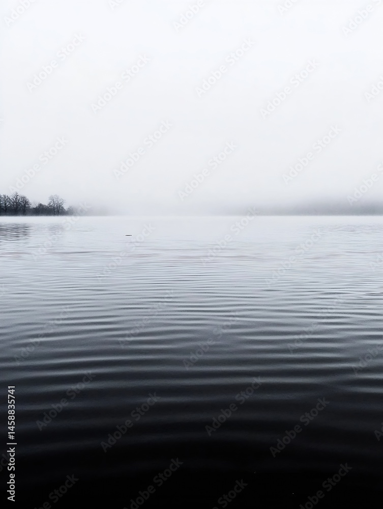 Poster serene lake scene with a misty shoreline and dark, calm water, creating a peaceful and tranquil atmo