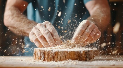A craftsman focuses on shaping wood on a workbench, as flying shavings fill the air, capturing the essence of woodworking artistry and the tactile experience of working with natural materials.