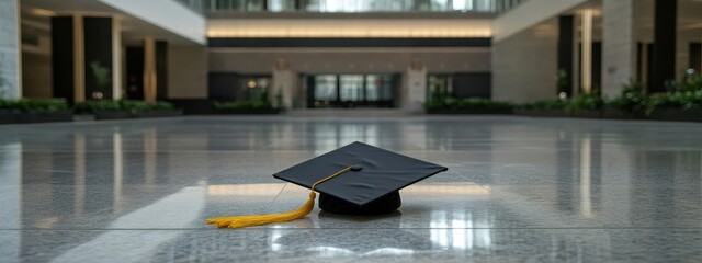 Graduation cap on polished floor of a modern building