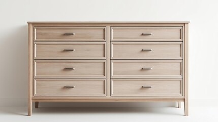 Wooden chest of drawers with six drawers. the chest is made of light-colored wood and has a rectangular shape with a flat top surface.