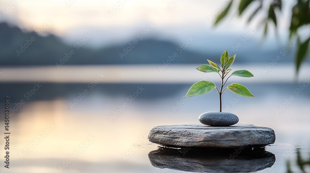 Poster serene sunrise scene featuring a small plant sprouting on a grey stone, nestled gently on a larger r