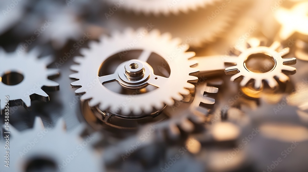 Poster Close-up view of intricate metal gears interlocked, showcasing precision engineering and mechanical complexity.  The image highlights the detailed craftsmanship and functionality of th : Generative AI