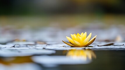 Single yellow water lily blossom floats serenely on calm pond water, reflecting its beauty in the still surface, surrounded by lily pads and subtle ripples. : Generative AI
