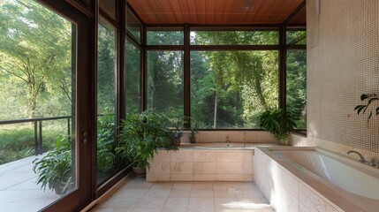Fototapeta premium Modern bathroom with a large window that offers a view of the trees and greenery outside.