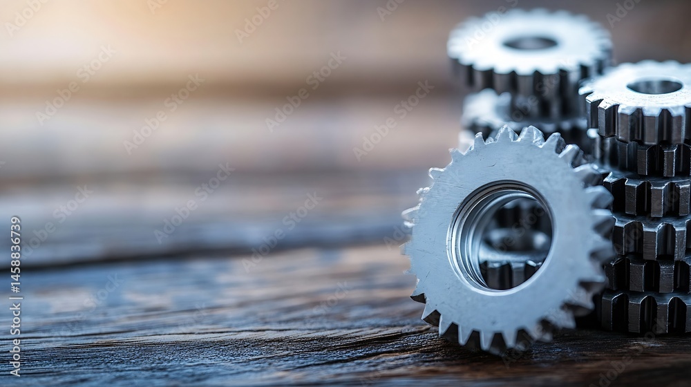 Poster Close-up view of metallic gears stacked on a rustic wooden surface, showcasing intricate details and industrial textures.  The image evokes themes of precision engineering and mechanic : Generative AI