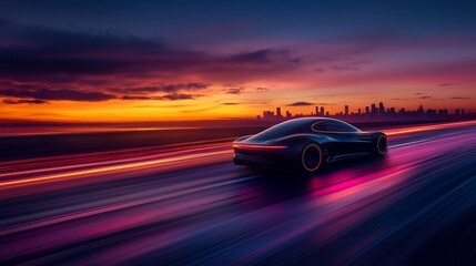 Futuristic sports car driving on highway at sunset.