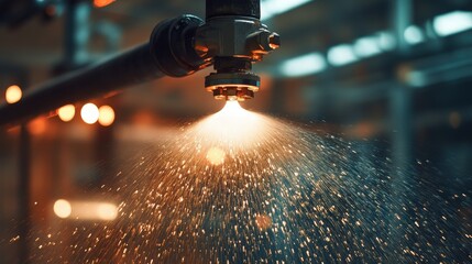 A close-up of a fire sprinkler head in a warehouse, where water is being sprayed to put out flames in a controlled setting.