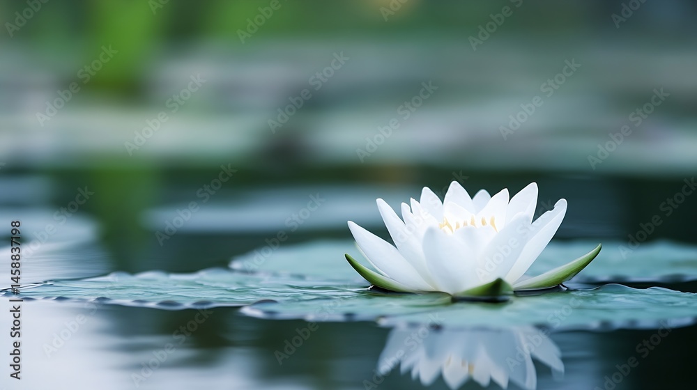 Aufkleber serene white water lily blossom floats gently on calm pond water, its reflection mirrored perfectly,