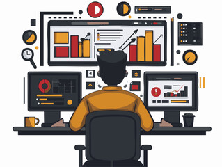  full-shot of a a person updating a company website using a desktop computer with a dual monitor setup,2