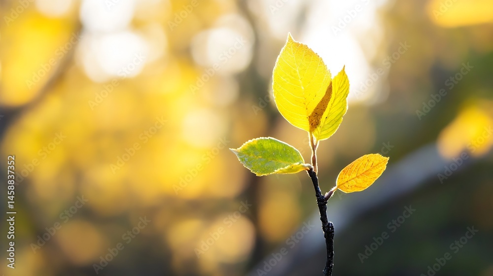 Fototapete close-up of a small branch with vibrant yellow and green autumn leaves, backlit by sunlight, creatin