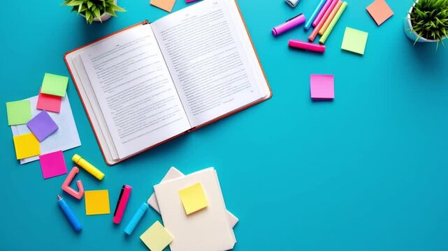 Overhead Shot of Organized Study Desk with Colorful Supplies Animation
